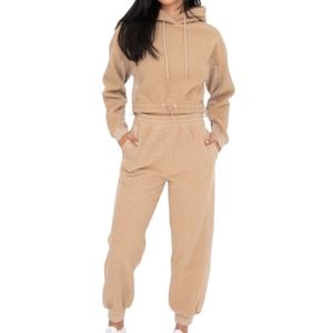 189. Women's Tan Sherpa Sweats Set Crop Hoodie Sweatpants NWT